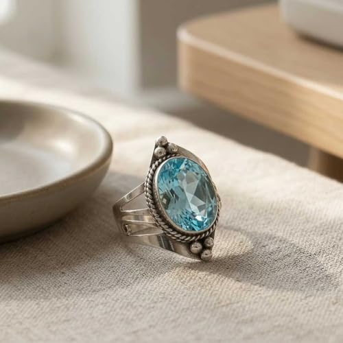 Handmade 925 Sterling Silver Plated Ring Natural Gemstone Carnelian, Rose Quartz, Tiger Eye, Crystal Oval Boho Jewelry For Women - color: Blue Quartz