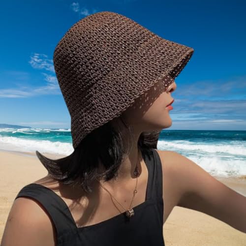 Womens Floppy Straw Sun Hat Packable Wide Brim Summer Beach Hat Foldable Crochet Bucket Hats - color: Brown 2