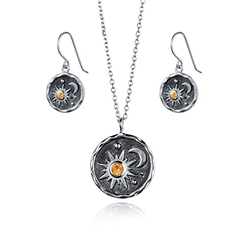 MALOYANVE Vintage Sun and Moon Drop Dangle Earrings for Women Unique lightweight Handmade Retro Boho Antiqued Gold Silver Round Coin Earrings for Women Jewelry - color: Silver Earrings and Necklace