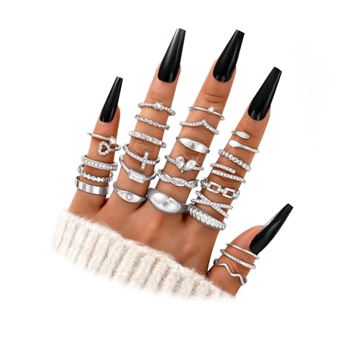 FAXHION 25 PCS Gold Stackable Rings Set for Women, Simple Twist Knuckle Finger Ring Trendy, Dainty Stacking Statement Thumb Rings Pack Jewelry Gift - color: A-silver