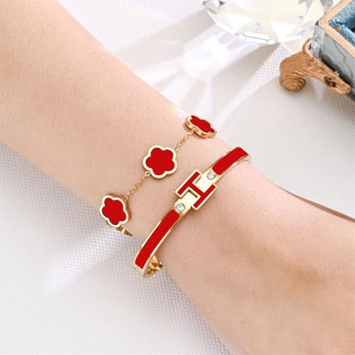 H Bangle & Clover Bracelet for Women - Stainless Steel Fashion Jewelry - 18K Gold Plated H Bangle and Lucky Five Leaf Clover Bracelet - Elegant Bracelets Set - Gift for Women - color: Gold-Red Set