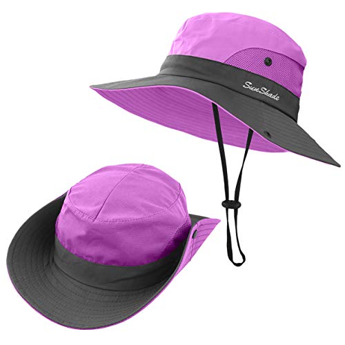 3 Pieces Womens Ponytail Wide Brim Sun Hat Packable UV Protection Beach Cap for Fishing & Hiking - color: Purple＆sky Blue＆gray
