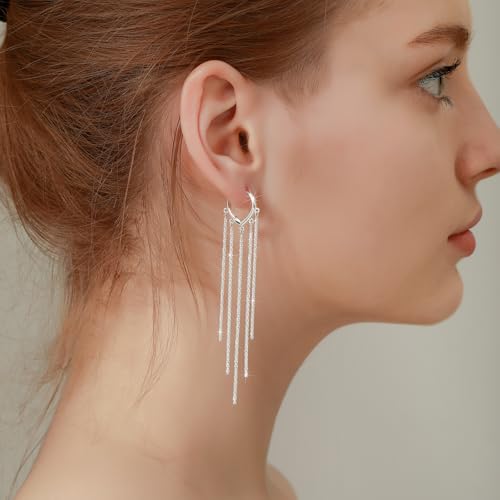 Long Dangle Earrings for Women 925 Sterling Silver/14K Gold Plated Tassel Chain Dangle Drop Earrings for Women Dainty Minimalist Dangling Drop Earrings for Prom Party Jewelry - style: Chain-4-Silver