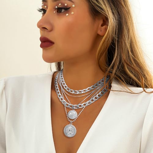 MJartoria Gold Layered Necklaces for Women Trendy Retro Birthflower Coin Pendant Necklace Dainty Chunky Chain Choker Necklaces for Jewelry Birthday Gifts - color: Silvery, style: August Birthflower