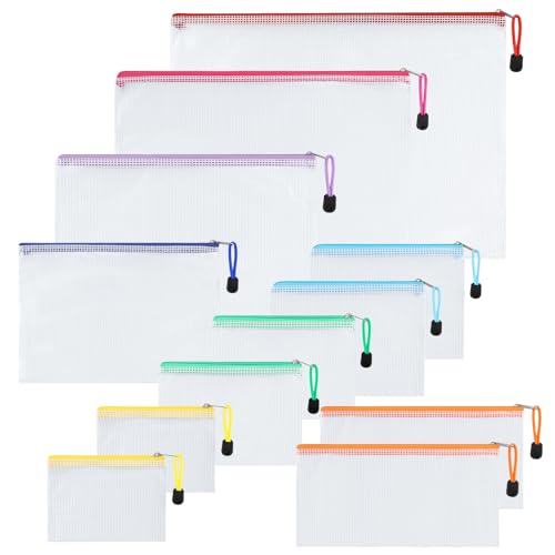 12pcs Mesh Zipper Pouch Bags, 8 Size Zipper Bags for Organizing,Mesh Bags with Zipper, Waterproof File Bags for School, Puzzles, Cosmetics, Travel Accessories, Board Games Office Supplies