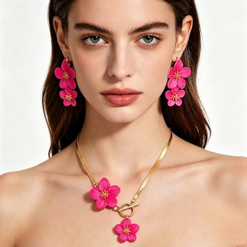 WCRAZYE Gold Flower Earrings Necklace Set for Women Boho Summer Daisy Floral Statement Earrings Brides Wedding Guest Dresses Jewelry - color: Rose Red