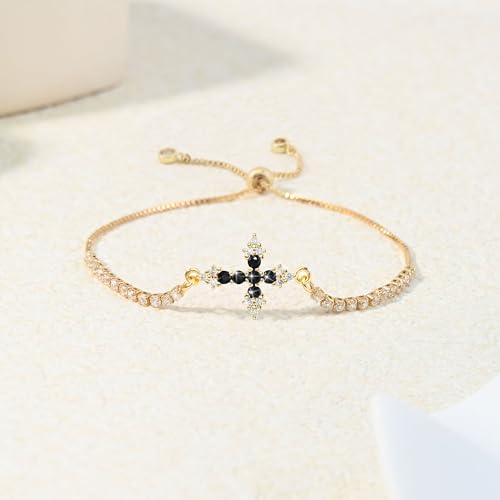 VIBILIA Bracelets for Women, Cross Bracelets for Women Trendy, Dainty Tennis Bracelet, Catholic Gift for Mom Daughter Wife Sister Friend, Communion Gift on Birthday Valentine's Day Easter Mother's Day - color: K. Gold-Black