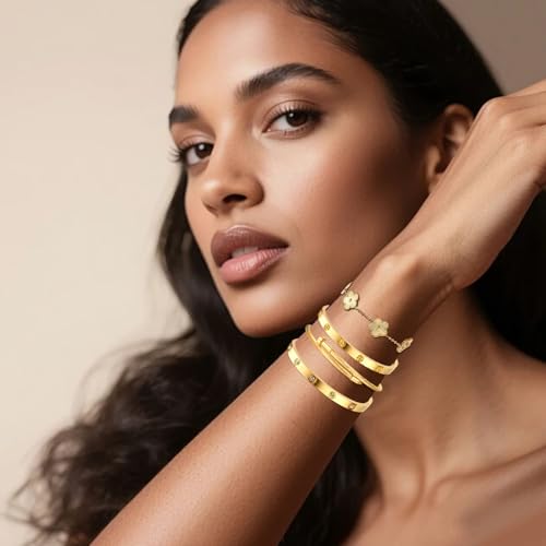 Womens Stackable Floral Gold Bracelets - 4Pcs 18K Gold Plated Bracelet,Stainless Steel Bangle Bracelets Non Tarnish, Gold Bracelet Set Trendy Jewelry,Christmas Valentines Birthday Gifts for Girlfriend - color: Bracelets Stack 4Sets (Floral Gold Bracelets,