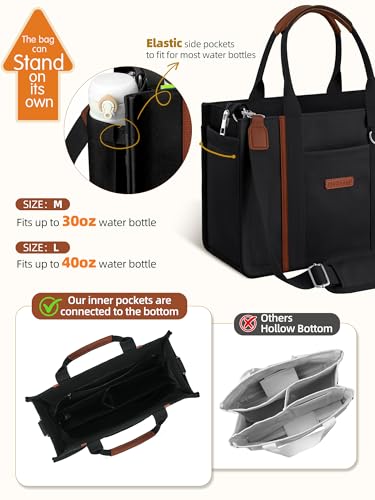 FIORETTO Women’s Canvas Tote Bag Purse with Zipper, Multi Compartment & Reinforced Bottom, Ideal for Work, Bible, Travel - color: Black, size: Large, style: Built-in Organizer