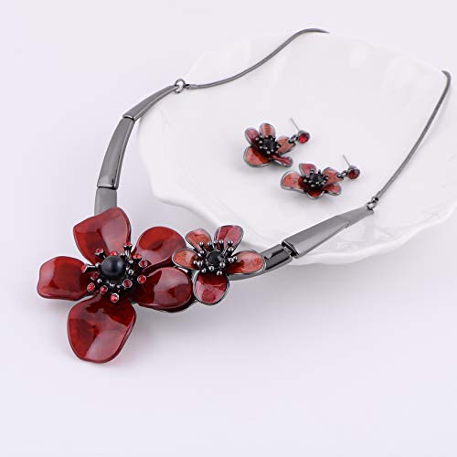 AMYJANE Vintage Statement Jewelry Set - Spring Leaf Flower Floral Plant Necklace Earring Set Crystal Rhinestone Fashion Costume Jewelry for Women Prom Party Unique Gift - style: 2 Flower Jewelry Set Red