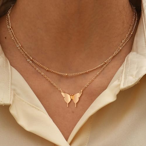 LLWOM Gold Necklace for Women-14k Gold Plated Infinity Necklace Star Of David Necklace Evil Eye Cross Pendants Heart Dainty Gold Necklace For Women - color: Gold, style: Bufferfly