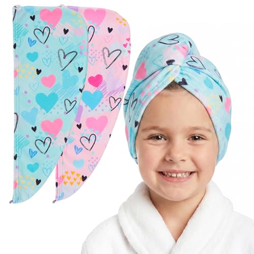 Basumee Microfiber Hair Towel Wrap for Kids 2 Pack Rapid Drying Hair Towel with Button Hair Turbans for Wet Hair Wraps Head Towel Wrap for Women and Girls, Blue - color: Blue