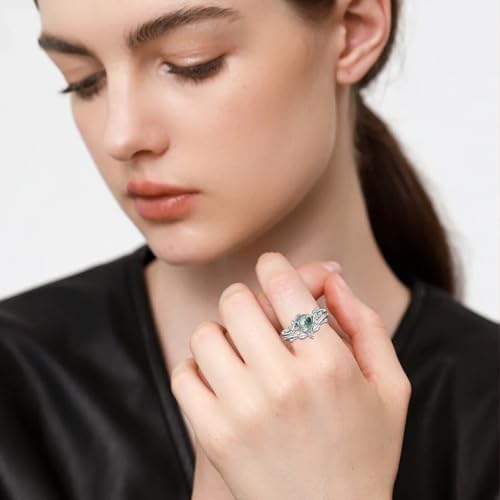 Natural Moss Agate Ring for Women 925 Sterling Silver Pear/Oval/Kite/Heart/Hexagon/Emerald/Coffin Cut Green Leaf Moss Agate Engagement Ring Promise Bridal Set Anniversary Birthday Jewelry Gifts - color: Round Cut Moss Agate