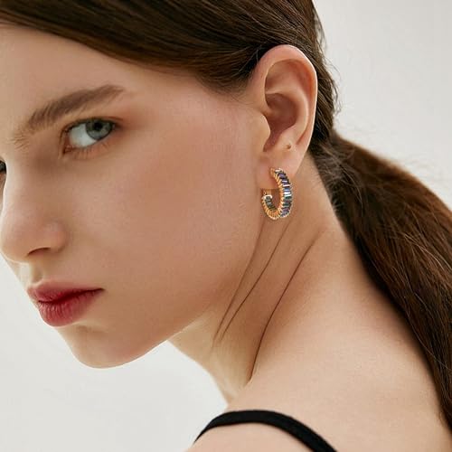 Trendy 14K Gold Plated Hoop Earrings for Women, Chunky Gold/Silver Earrings for Women Cubic Zirconia Baguette Hoop Earrings Heart Hoops Lightweight Hypoallergenic Jewelry,25mm/35mm/40mm/50mm - color: 01 Gold Mystic Rainbow Hoops 25mm