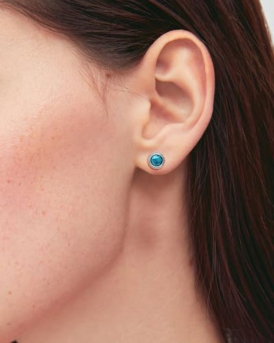 Tibetan Turquoise Earrings 925 Sterling Silver Post Stud Boho Gemstone Hypoallergenic Handmade Earrings for Women Trendy Fashion - style: Round