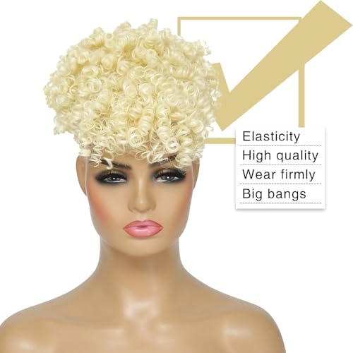 Drawstring Ponytail with Bangs Afro Puff Ponytail Extensions for Women Short Curly Puff Ponytail with Bangs Clip in Wrap Updo Hairpiece for Women (613#) | Afro Puff Ponytail Extensions, Short Curly Puff, Clip in Wrap Updo, For Women - color: 613#