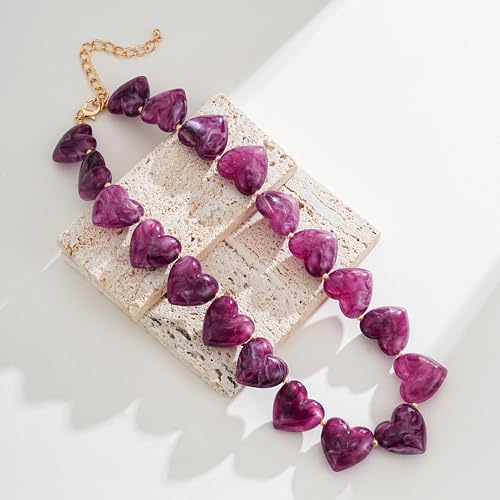 YUJIE Amber Acrylic Heart Choker Necklace for Women Vintage Punk Chunky Necklace Trendy Fashion Accessory - color: purple
