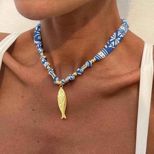 Scarf Necklace with Charm Gold Starfish Chunky Cross Heart Flower Pendants Bandana Charm Necklace Western Scarf for Women Boho Cowgirl Country Cowboy Accessories Beach Vacation Vacation Outfits Jewelry - color: C4-Scarf Necklace With Fish Charm