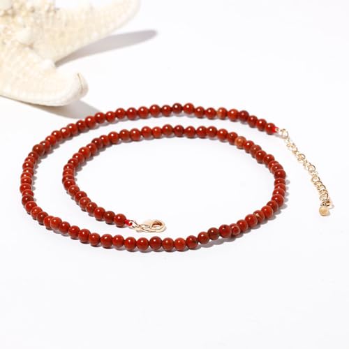 Simple Choker Necklace for Women Real Stone and Crystals Necklaces 4mm Beaded Choker Jewelry Meditation Gift for Women (16"+2") - style: Redstone