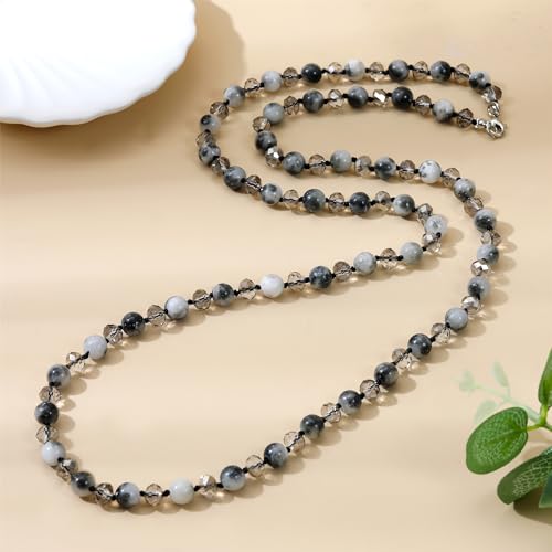 Long Beaded Necklace for Women Boho Colorful Crystal Stone Knot Statement Fashion Costume Jewelry Gifts - color: Black Grey