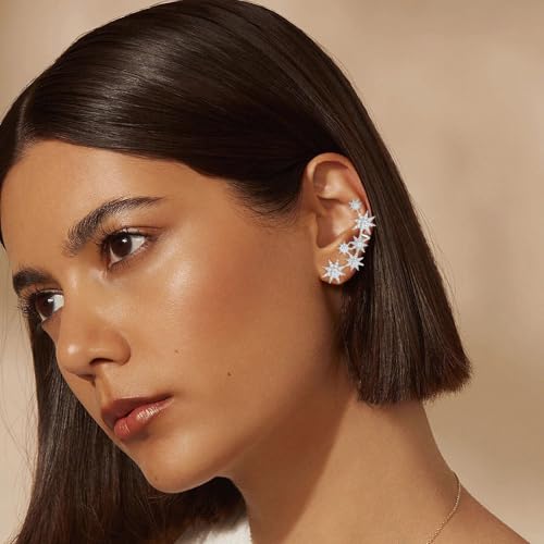 Star Crystal Ear Cuff Earrings for Women Rhinestone Ear Climber Earrings Cubic Zirconia North star Ear Crawler Earrings for Mom Wife - color: Silver