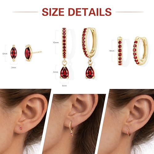 14K Gold Plated Small Huggie Hoop Earrings Set for Women, Hypoallergenic Dainty Sterling Silver Dangle Studs for Cartilage Helix, Lightweight Trendy Cute Stack Birthstone Jewelry Gift - color: 01_Garnet_Jan_Gold