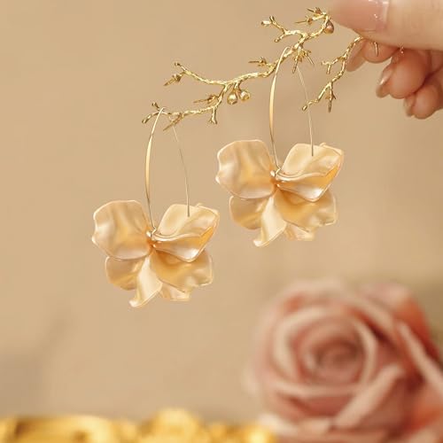 Exaggerated Bohemian Resin Rose Flower Petal Dangle Drop Earrings Long Acrylic Tiered Floral Tassel Earring for Women - color: Champagne