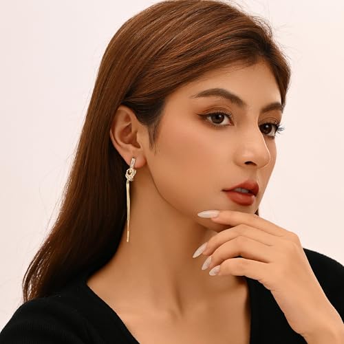 18K Gold/Silver Plated Dangle Earrings for Women Sparkly Rhinestone Long Tassel Dangle Earrings Dainty Long Hanging Chain Earrings Wedding Party Prom Earrings - color: Gold