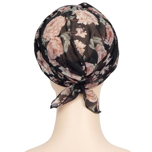 Headwear Turbans for Women - Lightweight Head Scarf for Women's Hair Chiffon Elegant Headwraps Hats - color: Black-peony