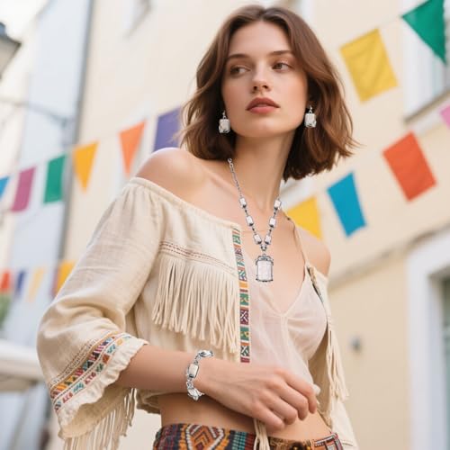 4 PCS Western Turquoise Jewelry for Women Boho Vintage Navajo Pearl Necklace Earring Bracelet Ring Set Country Cowgirl Accessories for Gift - color: H-White