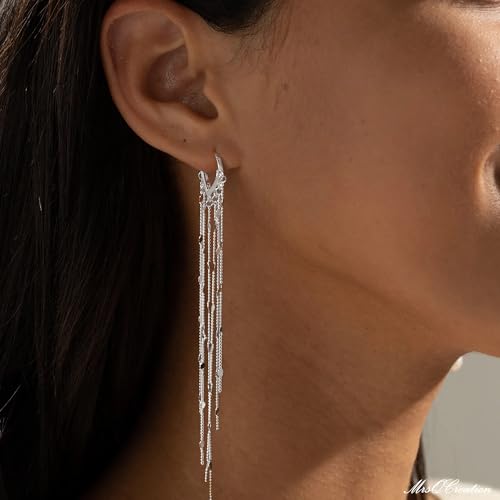 Robaice Gold Long Prom Earrings for Women, 14K Gold Plated Pearl Dangle Drop and Chain Tassel Threader Earrings Dangling，Rhinestone Zirconia Hypoallergenic Bride Party Prom Gold jewelry，Women Gifts - style: B-dangle tassel chains, silver