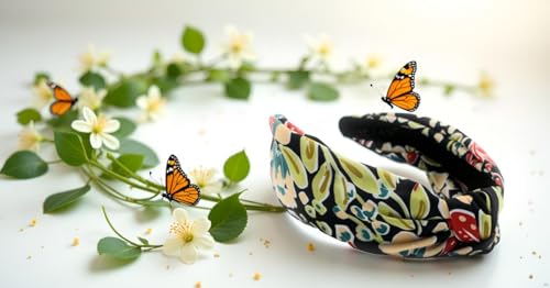 Fall Headbands for Women Watercolor Print Floral Black Beige, Warable All Day, Colorful Flower Satin Womens Head bands, Silk Feel,Soft Fabric, Knotted Headband Fashion Designer Top Knot Girl - color: Black/Beige Watercolor Floral