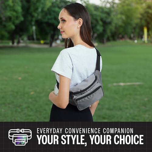 Gray Fanny Pack Belt bag - Crossbody Waist Bag for Men or Women - Hands-Free, Waterproof Large Bumbag for Hiking, Running, and Travel - color: Gray Sheen