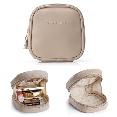 VLANDO Mini Makeup Bag, Small Makeup Bag for Purse with Slip-in Pockets, Portable Travel Toiletry Bag with Zipper, Waterproof Travel Essentials for Women - Toffee - color: Toffee