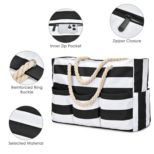 Becokan Beach Bags for Women Canvas Large Beach Tote Bag Zipper Waterproof Sandproof Foldable Swim Pool Bag with 7 Pockets - color: Black