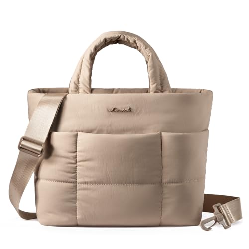 LOVEVOOK Small Tote Bags for Women, Puffer Purse and Handbags, Mini Crossbody Puffy Top Handle Shoulder Satchel Bag - color: Tan, size: 11.5 Inch