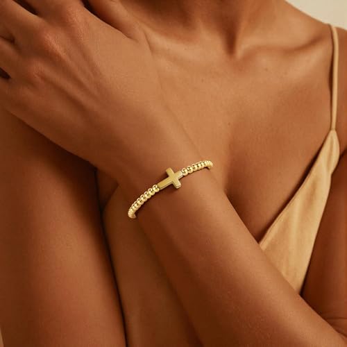 Elastic Beaded Charm Bracelets for Women - Adjustable Stackable Dainty Bracelet with Gold or Silver Charms, Jewelry Gift for Her - style: Gold-Cross