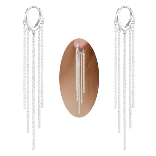 Long Dangle Earrings for Women 925 Sterling Silver/14K Gold Plated Tassel Chain Dangle Drop Earrings for Women Dainty Minimalist Dangling Drop Earrings for Prom Party Jewelry - style: Chain-4-Silver