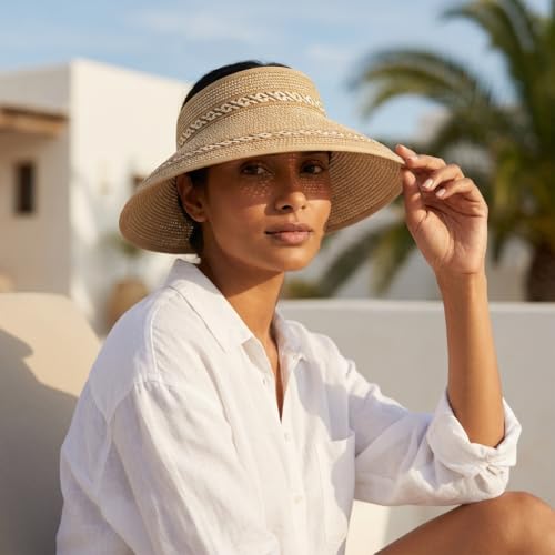 Magid Packable Wide Brim Straw Sun Visor Hat, Roll-Up Design with Contrast Stitch, Toast - Perfect for Sun Protection