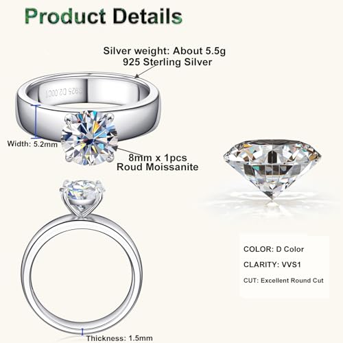 2CT Solitare Moissanite Engagement Ring D Color VVS1 Clarity Anniversary Rings 925 Sterling Silver 4 Prong Moissanite Ring for Women or Wife Gifts