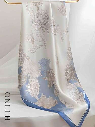 100% Mulberry Silk Scarf for Women Hair Lightweight Square Neckerchief Wrap For Head Scarves 21" - color: 17-light Blue Daisy /21"*21"