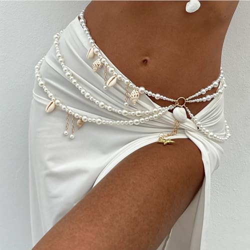 Starfish Shell Waist Chain for Women Adjustable Layered Pearl Body Chain Seashell Conch Waterproof Belt Chains Summer Bikini Beach Mermaid Accessories - color: Starfish-A