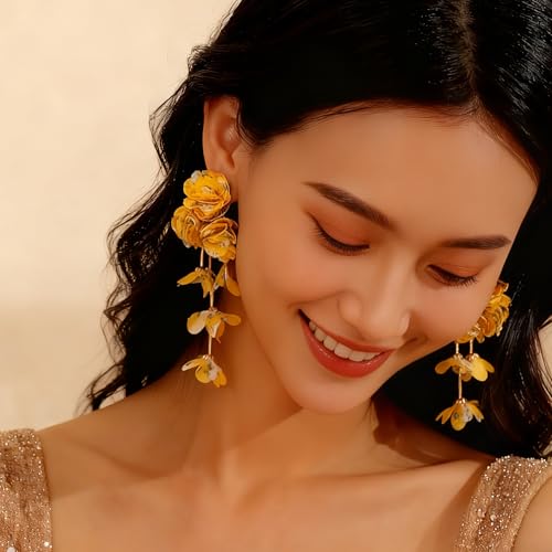 Fabric Flower Earrings for Women Colorful Long Tassel Floral Drop Earrings Fashion Boho Exaggerated Statement Beach Party Jewelry - color: Color Yellow