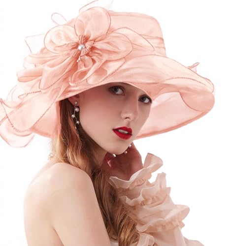 ORIDOOR Women’s Organza Church Tea Party Wedding Fascinator Derby Hat Wide Brim Sun Hats - color: C4-flesh Pink
