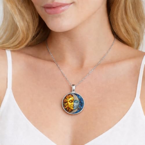 1pc Stunning Round Pendant Necklace - Unique Sun & Moon Pattern, Oil Painting Style Glass Mosaic, Alloy Construction, Trendy Sweater Chain, Fashionable Gift for Women - Christmas or Birthday Gift - color: Silver Chain