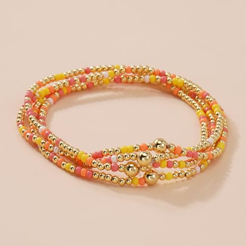 Boho 4Pcs Stack Colorful Small Seed Beaded Bracelets Set for Women, Cute Handmade Dainty Trendy Gold Plated Stretch Accessories Thin Glass Jewelry, Summer Daily Party Friendship Gift - color: Yellow