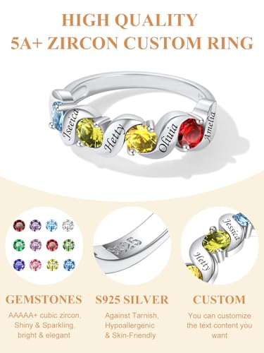 Custom4U Personalized Mothers Ring with 1-5 Birthstones Names Engraved 925 Sterling Silver/14K White Gold Plated Birthstone Rings for Women Promise Ring Birthday Jewelry Gifts for Mom Grandmother Wife - color: 4 Birthstones Ring (Engraved)