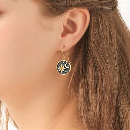 Dreuyet Vintage Boho Sun and Moon Drop Dangle Earrings for Women Handmade Unique Lightweight Antiqued Gold Silver Round Coin Greek Mythology Earrings Jewelry Gifts - color: Gold Blue Black