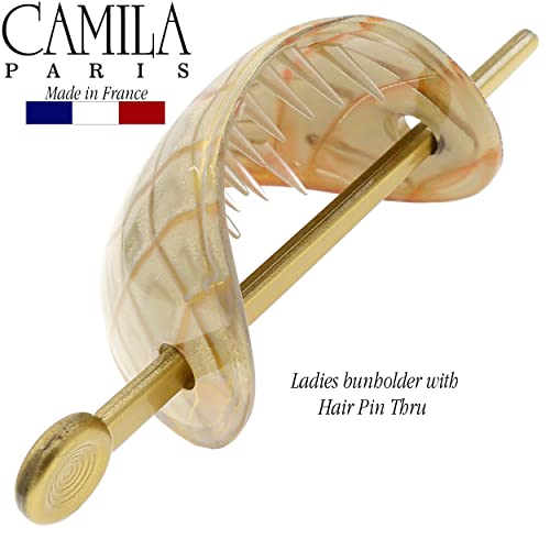 Camila Paris CP3341 French Hair Bun Holder Cover Cap Hair Updo, White and Gold, Hair Pin Thru, Strong Hold Grip Hair Clips for Women, No Slip and Durable Styling Girls Hair Accessories, Made in France - color: White/Gold