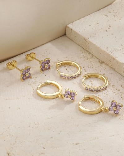 3 Pairs Gold Hoop Earrings Set for Women, Hypoallergenic 14K Gold Plated Huggie Earrings Stacks for Multiple Piercing Dainty Stud Earring Cartilage Birthstone Earring Women Jewelry Gift - color: 02. February(Amethyst)